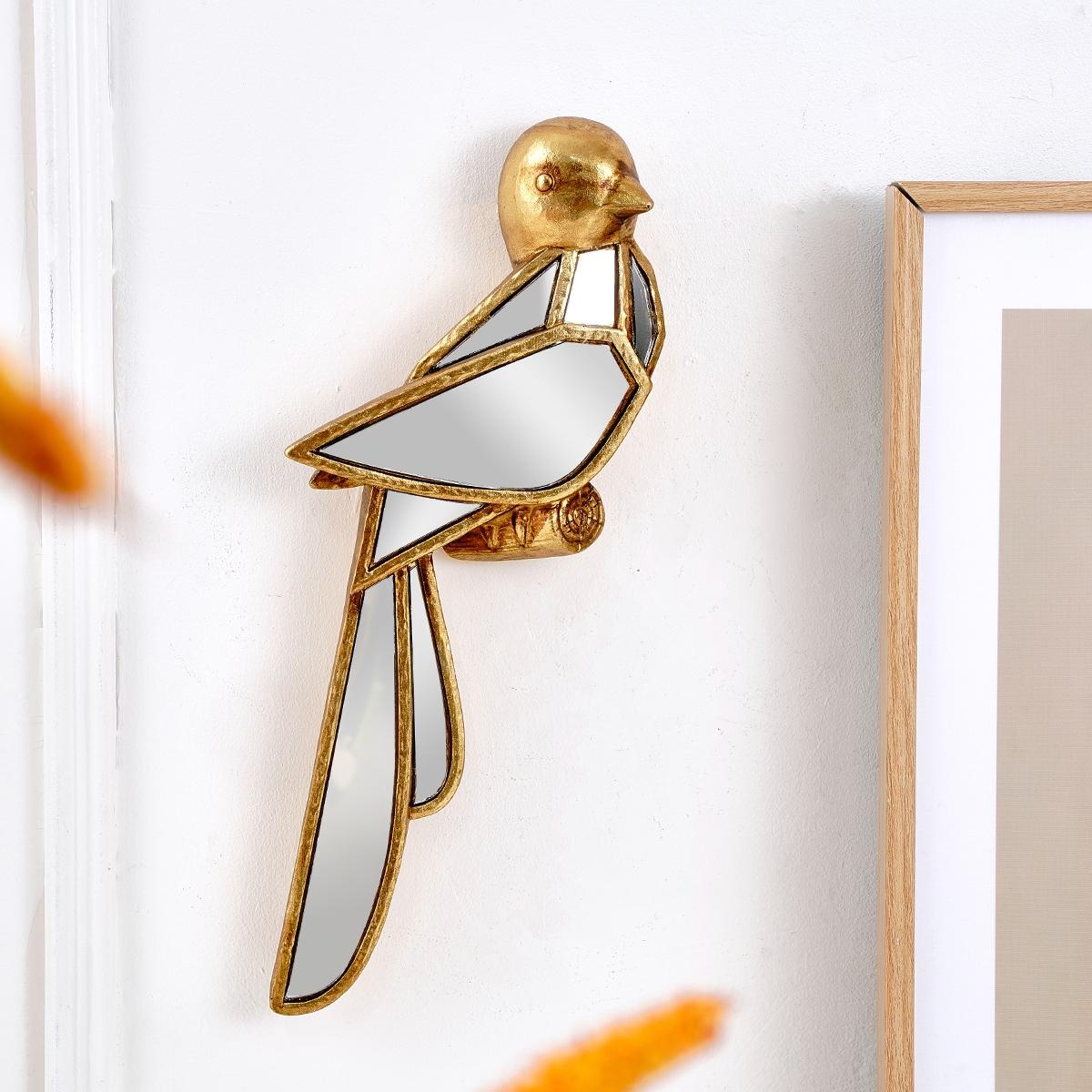 Creative Resin Gold Sparrow Wall Hanging, Mirror Embedded Design, Bird Lovers Collectible, Home Party Animal Museum Decor