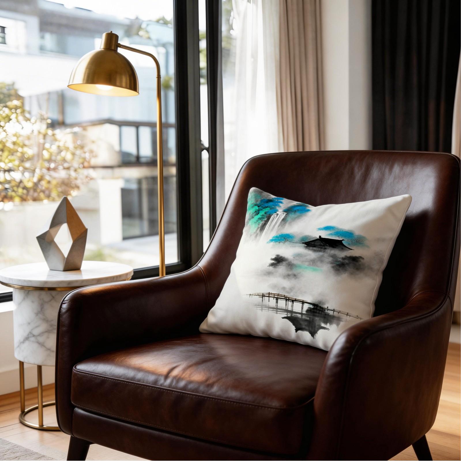 1 Pack 18×18 Inch Asian Ink Wash Landscape Throw Pillow, Mountain Scenery Print Decorative Accent Cushion, HD Digital Print Zippered Pillowcase, Non-Fade Home Decor Cushion for Sofa, Bed, Living Room, Bedroom