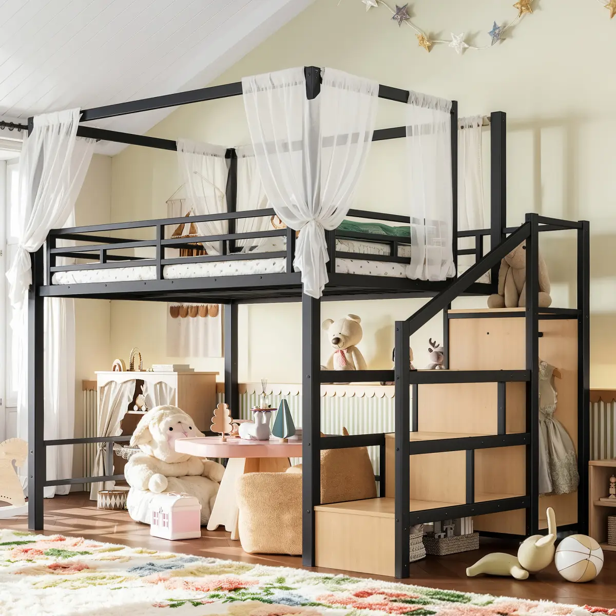 Contemporary Metal-MDF Full Loft Bed with Canopy Frame, Storage Stairs, Wardrobe, and Spacious Underbed Space, Black