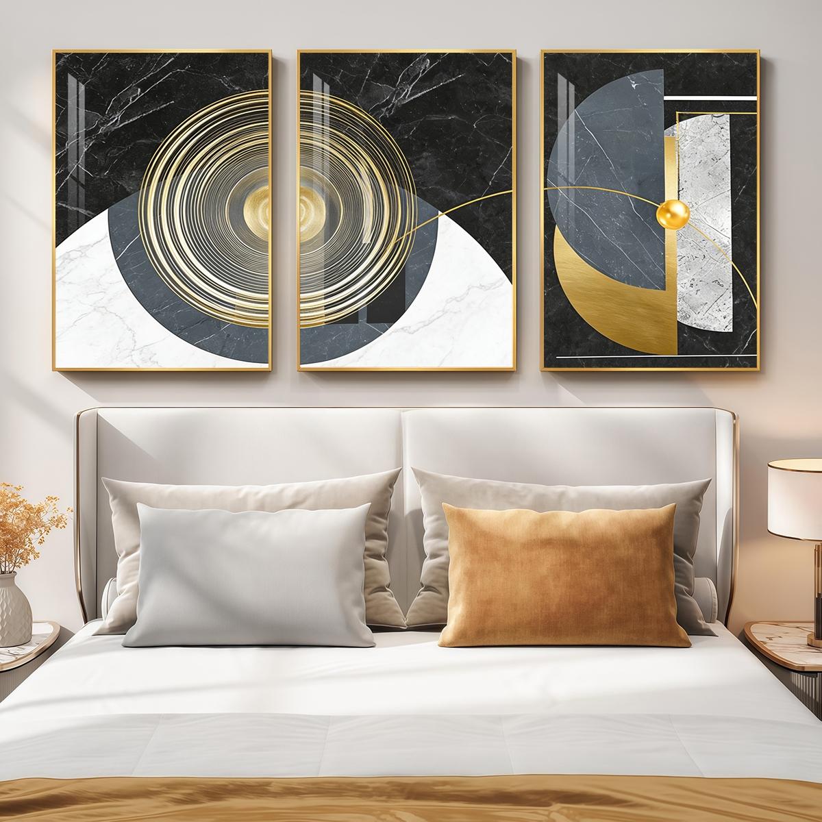 3 Counts Aluminum Alloy Framed Painting, Geometric Abstract Gold And Marble Art, Home Decoration For Living Room, Bedroom, Office, Restaurant, Hallway Wall Decor, Odorless Print Artwork, Luxury Perfect Gift For Friends And Family