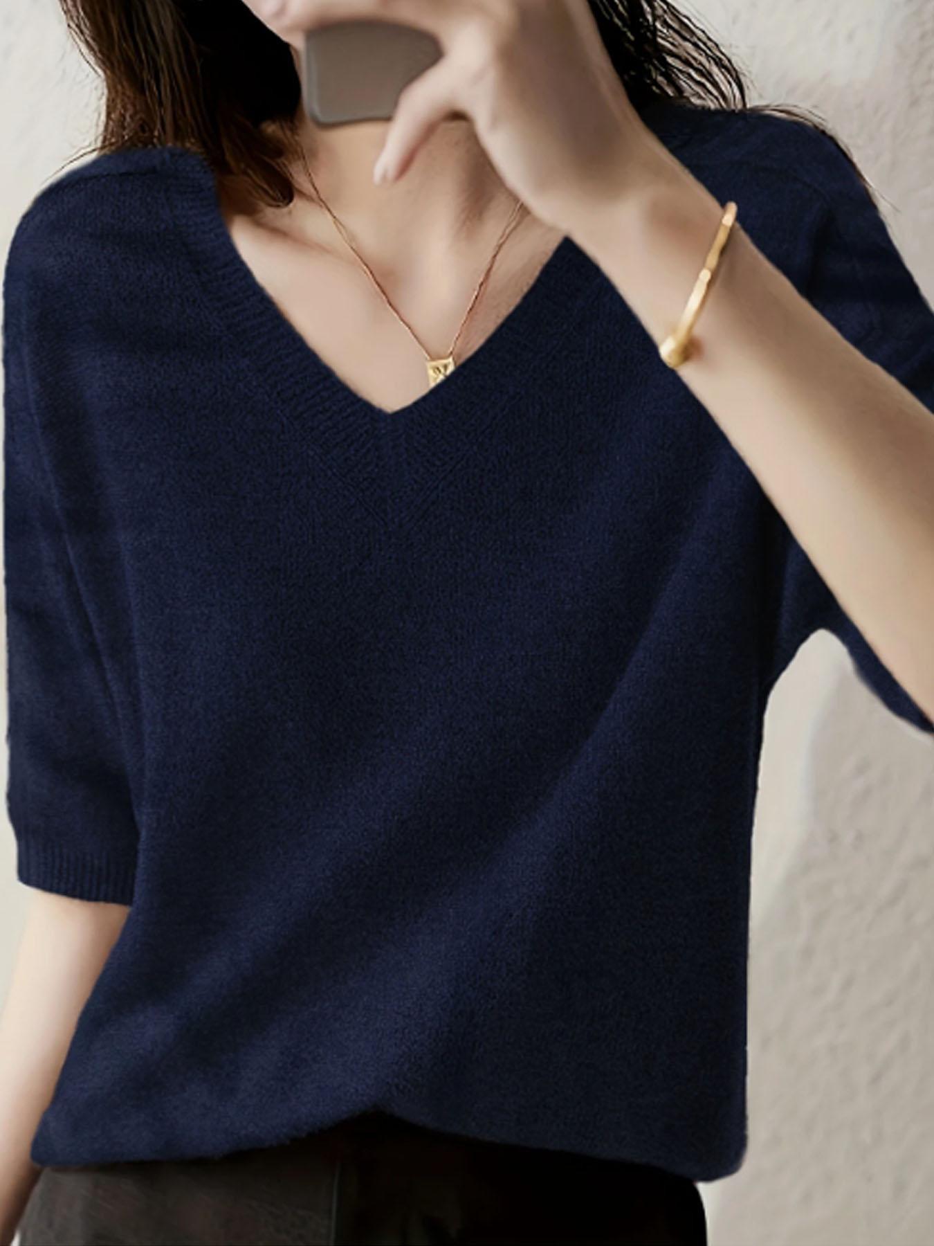 New Knitted Short Sleeve T-Shirt for Women, Thin Loose V-Neck Slimming High-Quality Breathable Top, Stylish Casual Wear