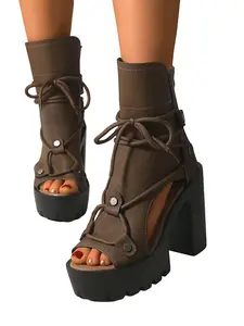 Cool Style Buckle Fish Mouth Women Boots, Back Zipper Design, Daily Wear Dark Gothic Shoes, Thick Sole Short Boots, Large Size Laces, Chunky