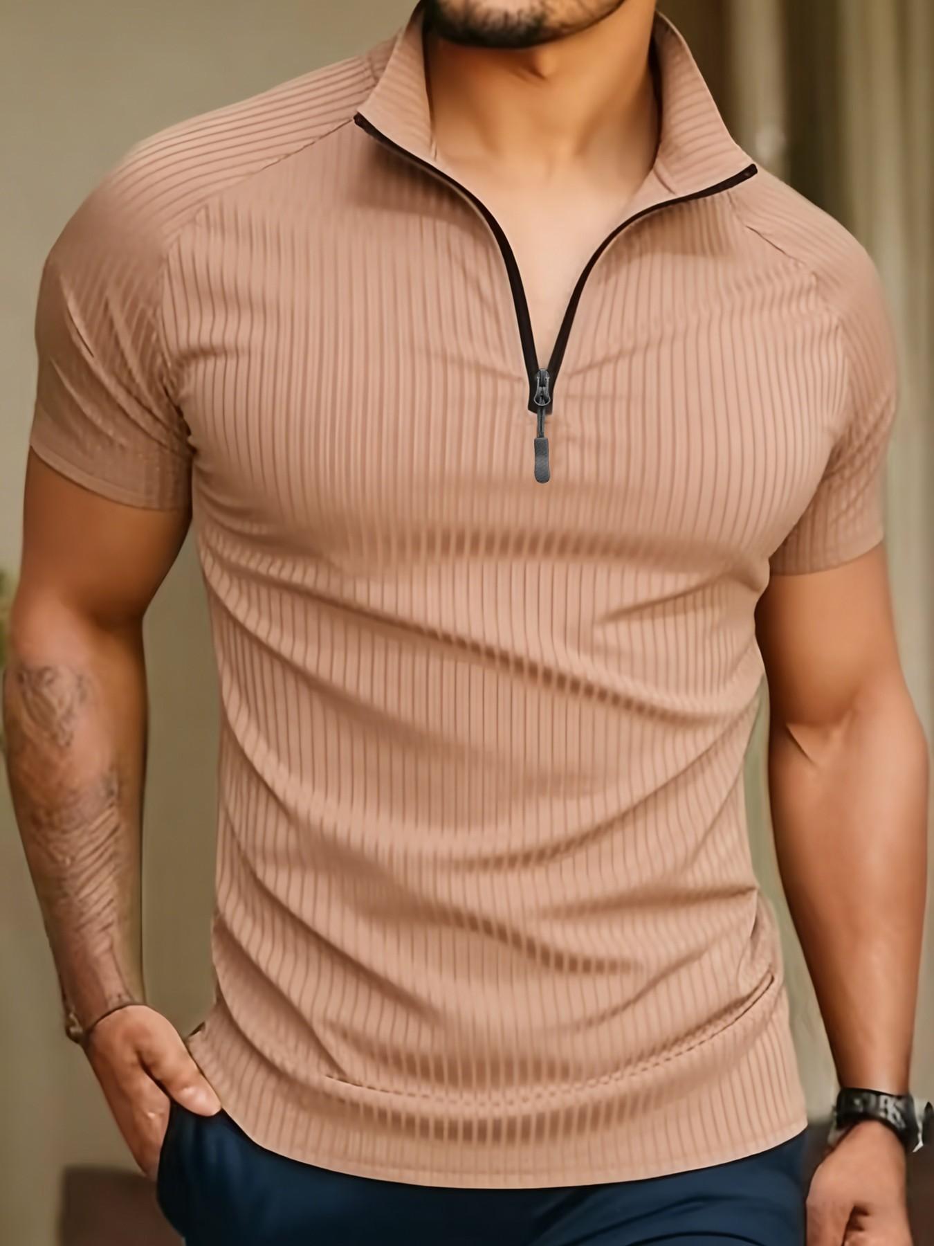 Men's Slim Fit Short Sleeve Quarter Zip Pullover, Quick-Dry Breathable Ribbed Sport T-Shirt, Ideal for Gym, Running, Casual Wear, All Seasons