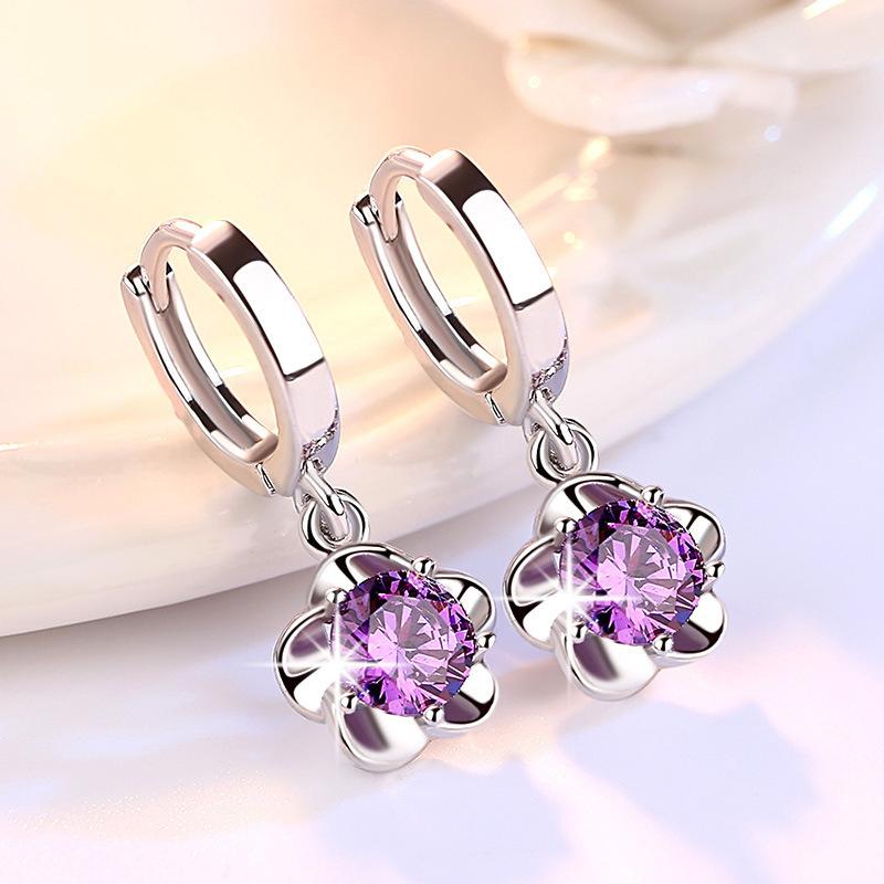 Silver Tone Purple CZ Flower Drop Earrings, Huggie Hoop Earrings with Floral Charm, Elegant Daily Jewelry for Women