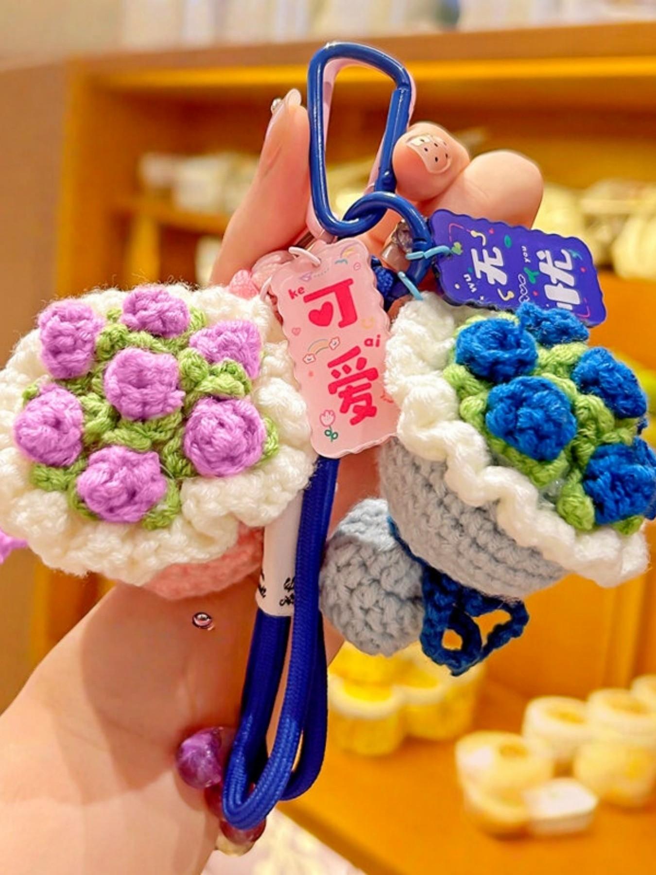 Handmade Crochet Mini Flower Bouquet Keychain Set Cute Knitted Rose Lavender Sunflower Pendant Key Ring Aesthetic Backpack Bag Charm Romantic Gift for Women Girls Her