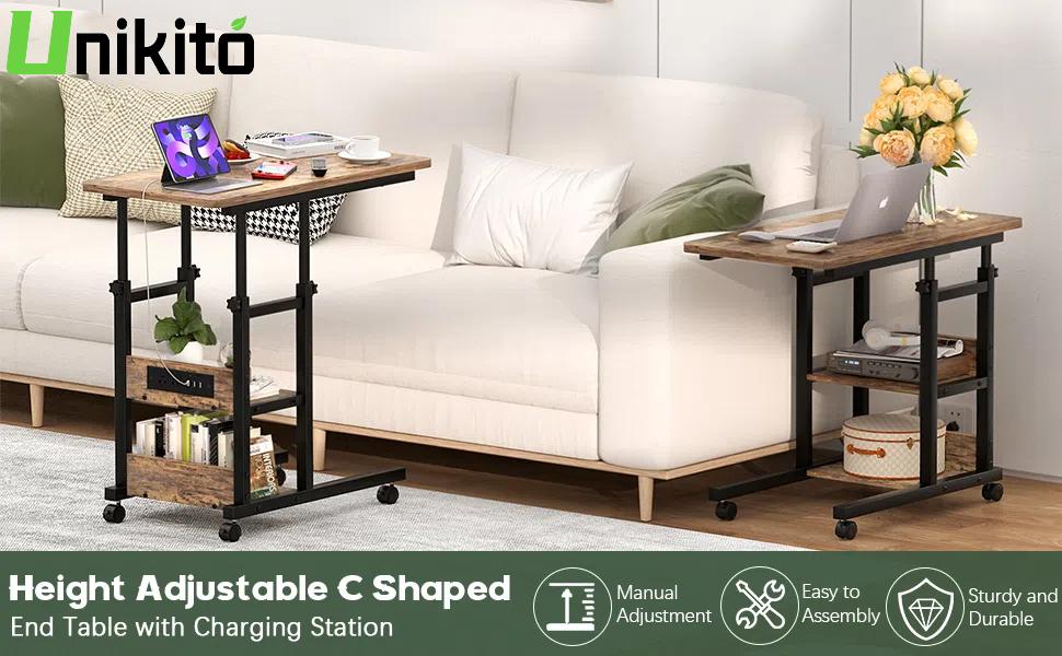 Unikito Adjustable Height OverBed Table with Hidden Wheels — Standing Rolling Desk with Cup Holder for Hospital, Home, Office, Outdoor, viral table