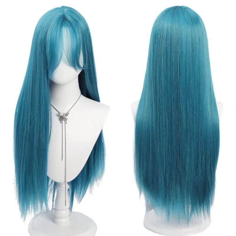 Women's Synthetic Hair Wig - 28-inch Straight Mint Blue, Middle Part Bangs, Natural Soft Texture, Colored Curly Synthetic Costume Wig for Cosplay, Daily Wear, Festival Party, Natural Style, Colored Curly Synthetic Costume Wigs