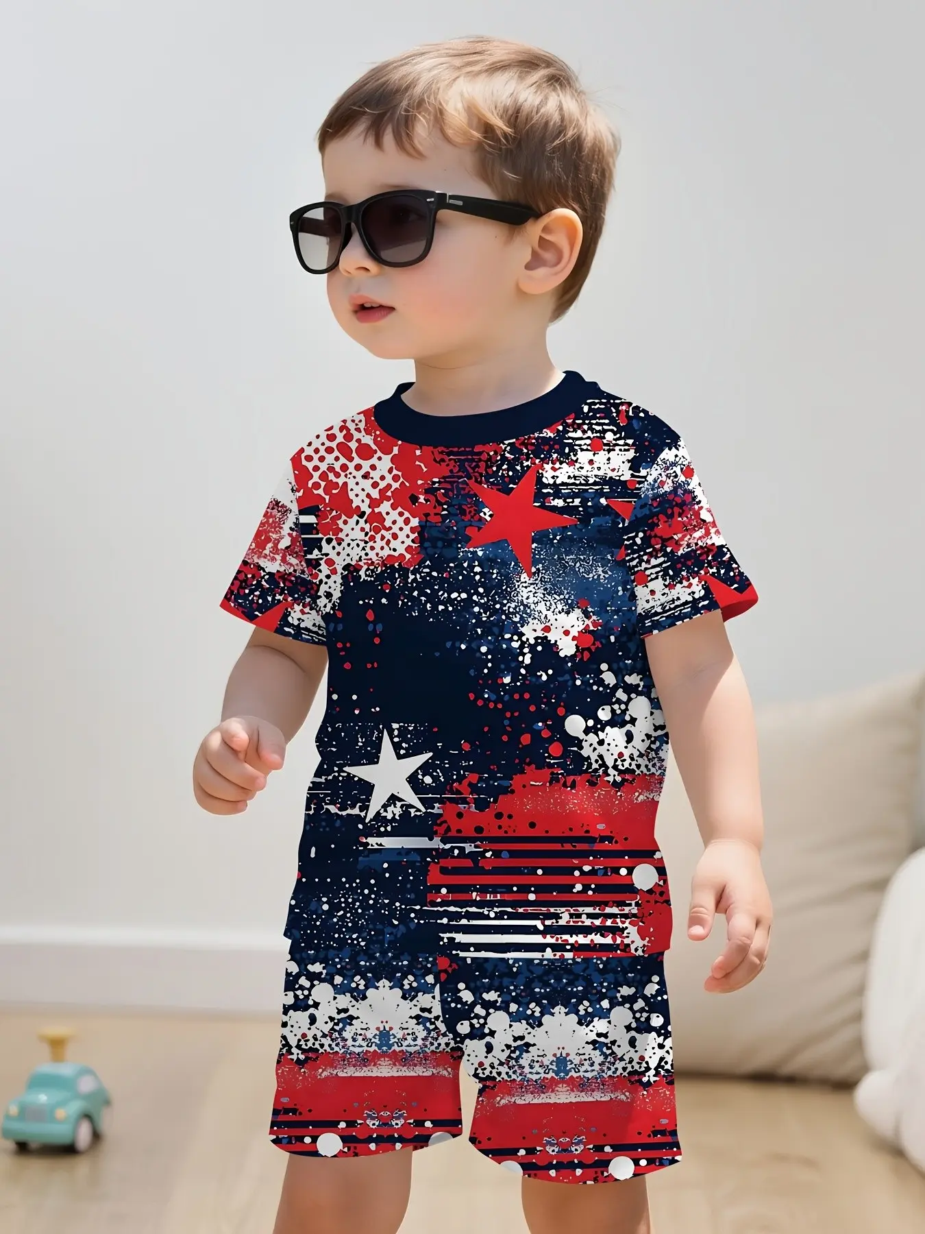 Toddler Boys Navy Crew Neck Splash Ink Paint USA Star Stripe Full Print Short Sleeve Tee 2 Piece Set, Loose Retro Top + All Over Matching Print Casual Shorts Kids Independence Day Summer Outfit 2–10Y