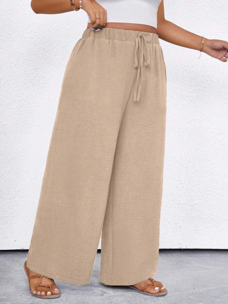 Plus Size Women's Solid Color Waistband Pocket Wide Leg Pants, Autumn Fabric, Fashionable Ladies' Clothing for Comfort and Style