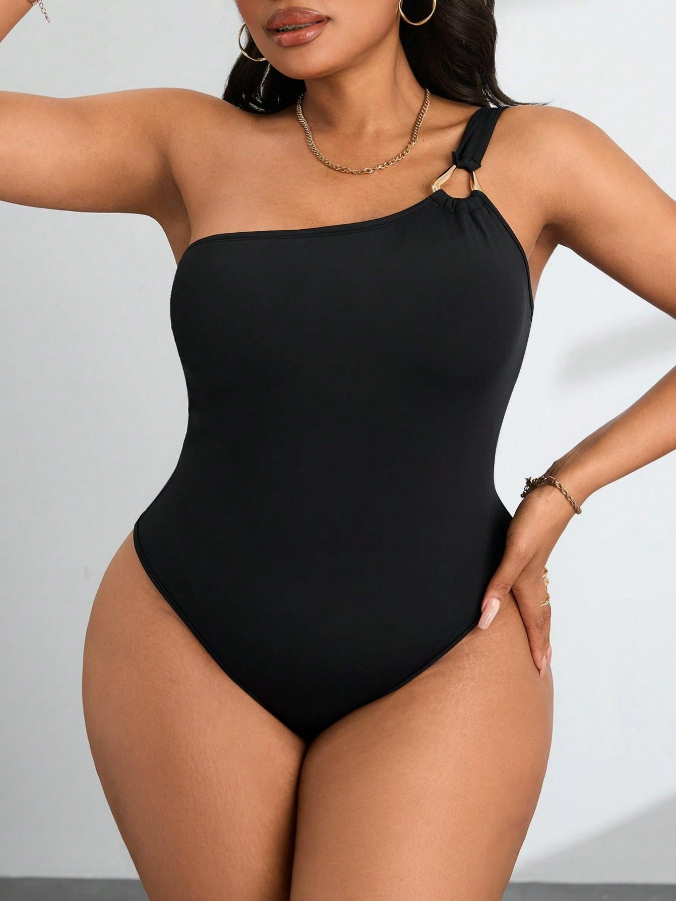 Plus Size One-Shoulder Metal Ring High Split Bodysuit, Waist Cinching Slimming Design, Perfect for Summer Daily Wear and Beach Vacation