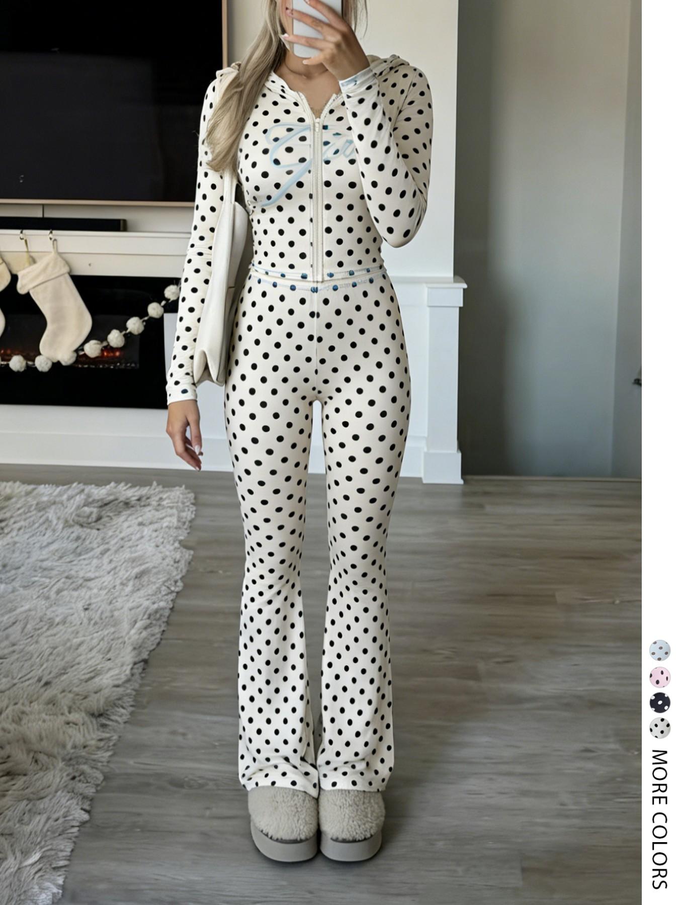 LovelyWholesale Women's Casual Sporty Vintage Polka Dot Letter Print Hooded Long Sleeve Crop Top and Wide Leg Pants Set, Colorblock Zipper Design