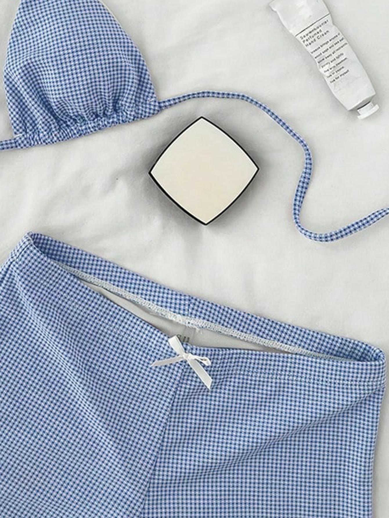 Sweet Girl Blue Plaid Halter Triangle Bikini Set, Fitted Two-Piece Swimsuit for Vacation Sunbathing, Cute Style All Seasons, Swimwear Set, Swimsuit Sets