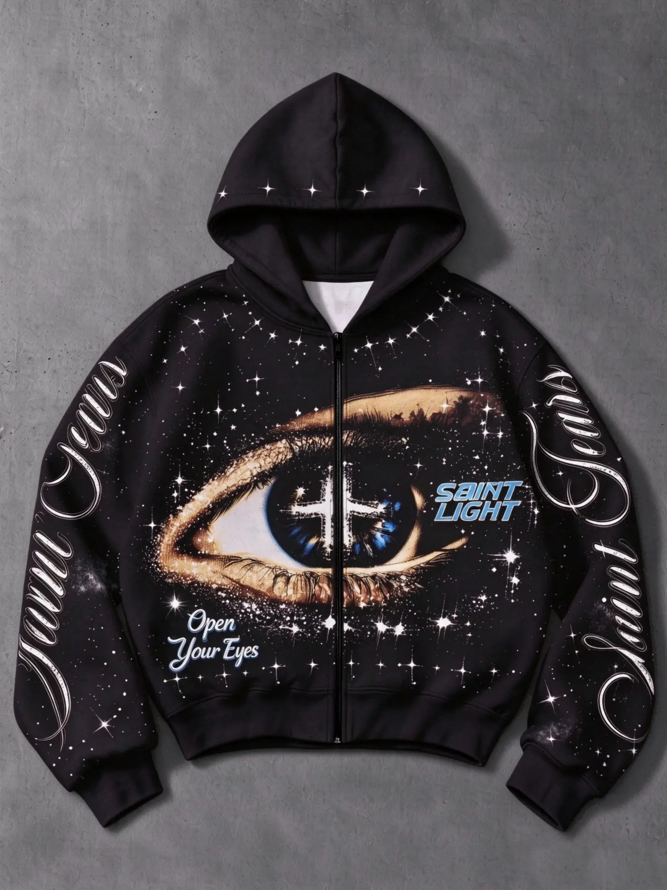 Men's Vintage Saint Light Constellation Eye Print Hooded Zipper Jacket, American Street Style, Loose-Fit Unisex Outer Vest