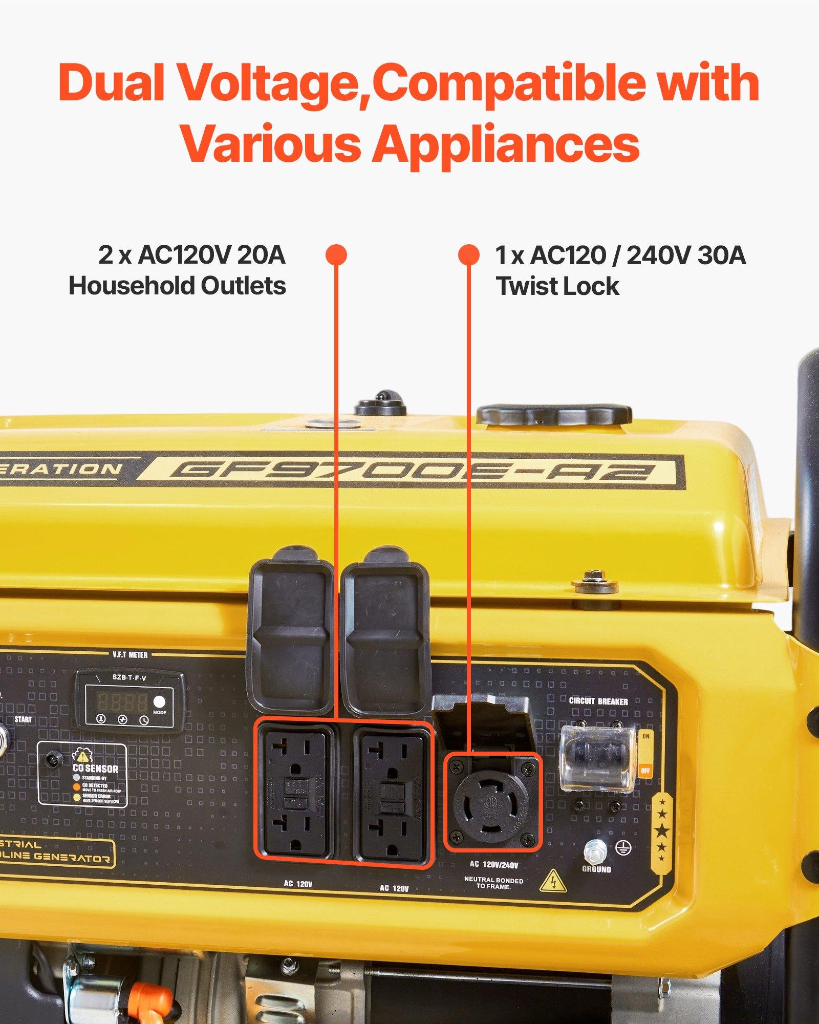 【Summerfinds】VEVOR Portable Generator, 9625W Peak Watt Home Generator, Backup Generators for Home with Foldable Handle, Electric Start, Gas Powered, CO Sensor, RV & Emergency Ready 30A & 20A Outlets, AVR