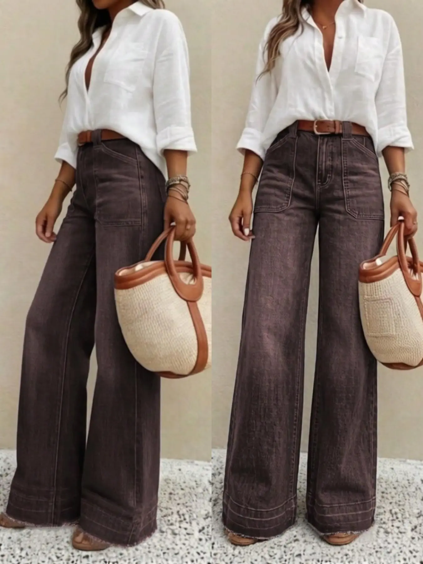 Women's Elastic Jeans, Vintage Washed Wide Leg, Frayed Hem, High Waist Slimming, Loose Fit,Baggy, All Seasons, No Belt Included