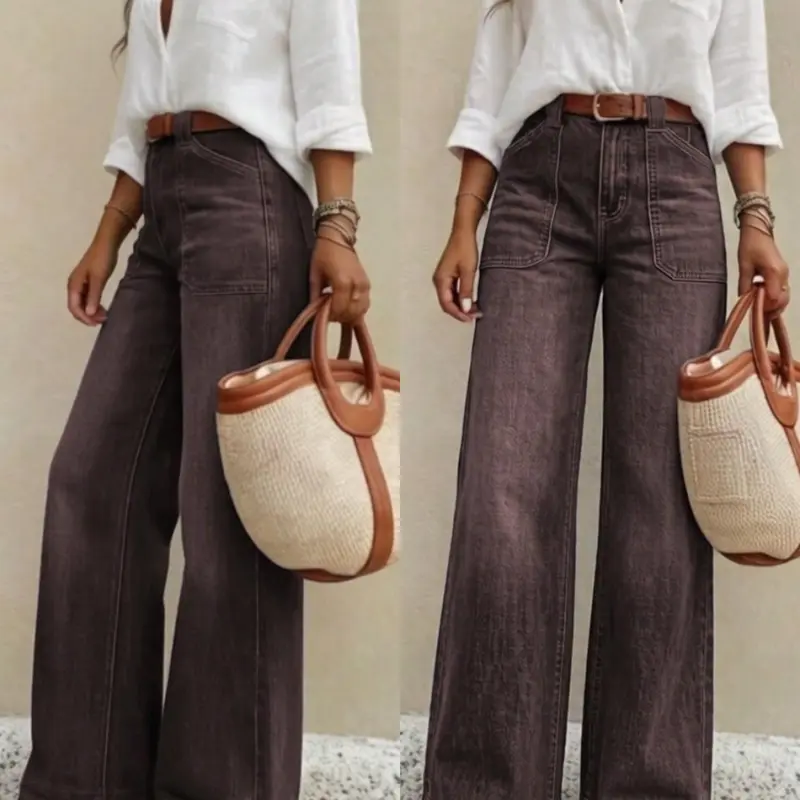 【Black Friday】Women's Elastic Jeans, Vintage Washed Wide Leg, High Waist Slimming, Casual Daily Wear, No Belt Included, Loose Baggy Fit for All Seasons