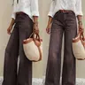 Women's Elastic Jeans, Vintage Washed Wide Leg, Frayed Hem, High Waist Slimming, Loose Fit,Baggy, All Seasons, No Belt Included