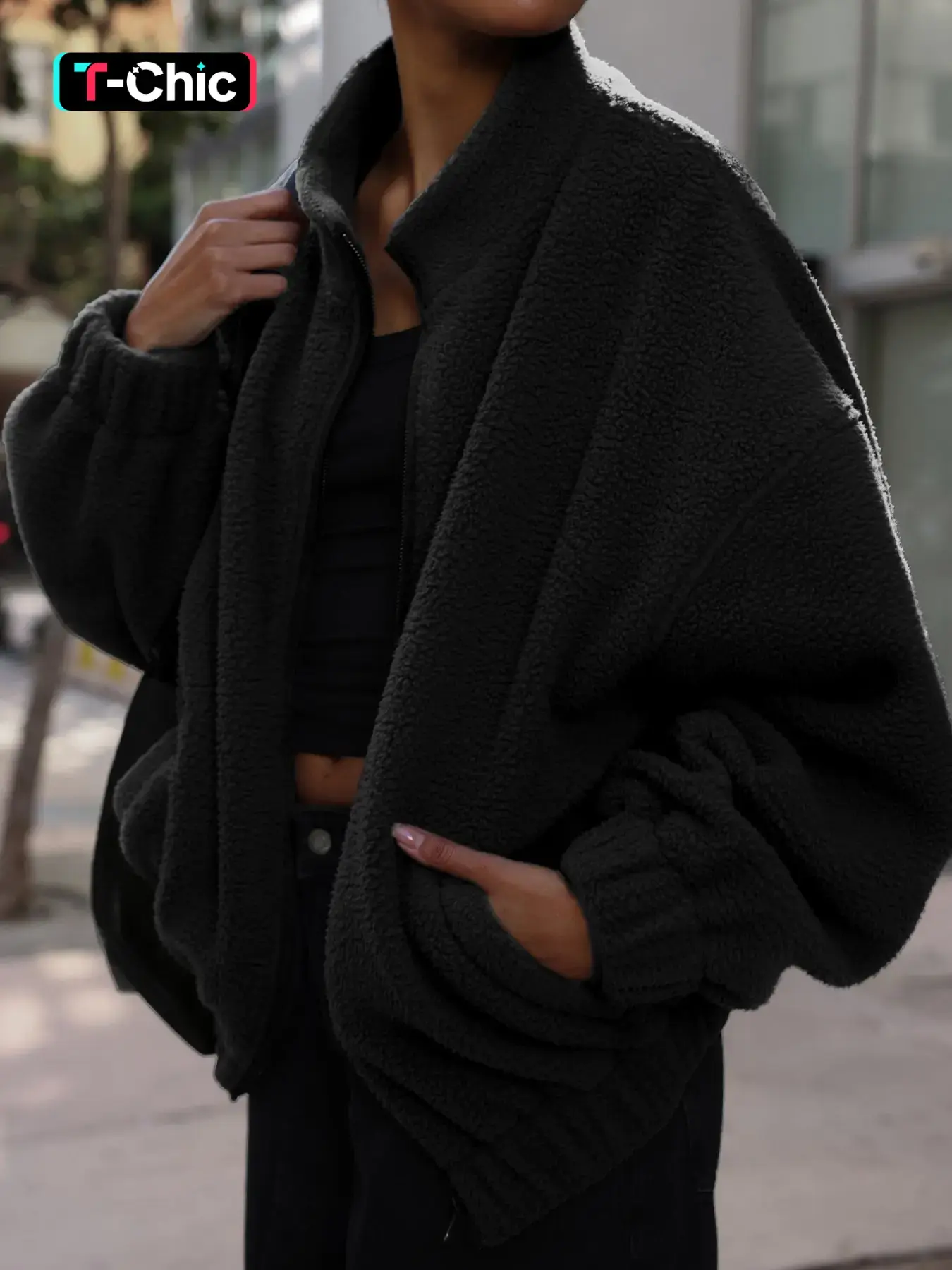 Women's Polar Fleece Jacket, Stand Collar Short Sleeve Full Zipper Waist Hem, Casual Warm Cozy Top for Autumn Winter