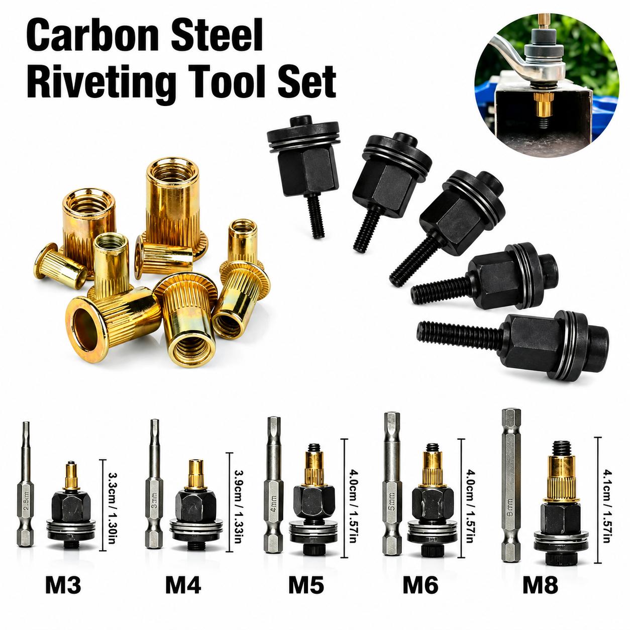 Head Rivet Nut Tool, M3 M4 M5 M6 M8 Rivnut Kit, Carbon Steel Rivnut Set, Threaded Rivet Nut Kit, Manual Riveter Rivnuts Tool Accessory for Automotive Repair Warehouses-YY1