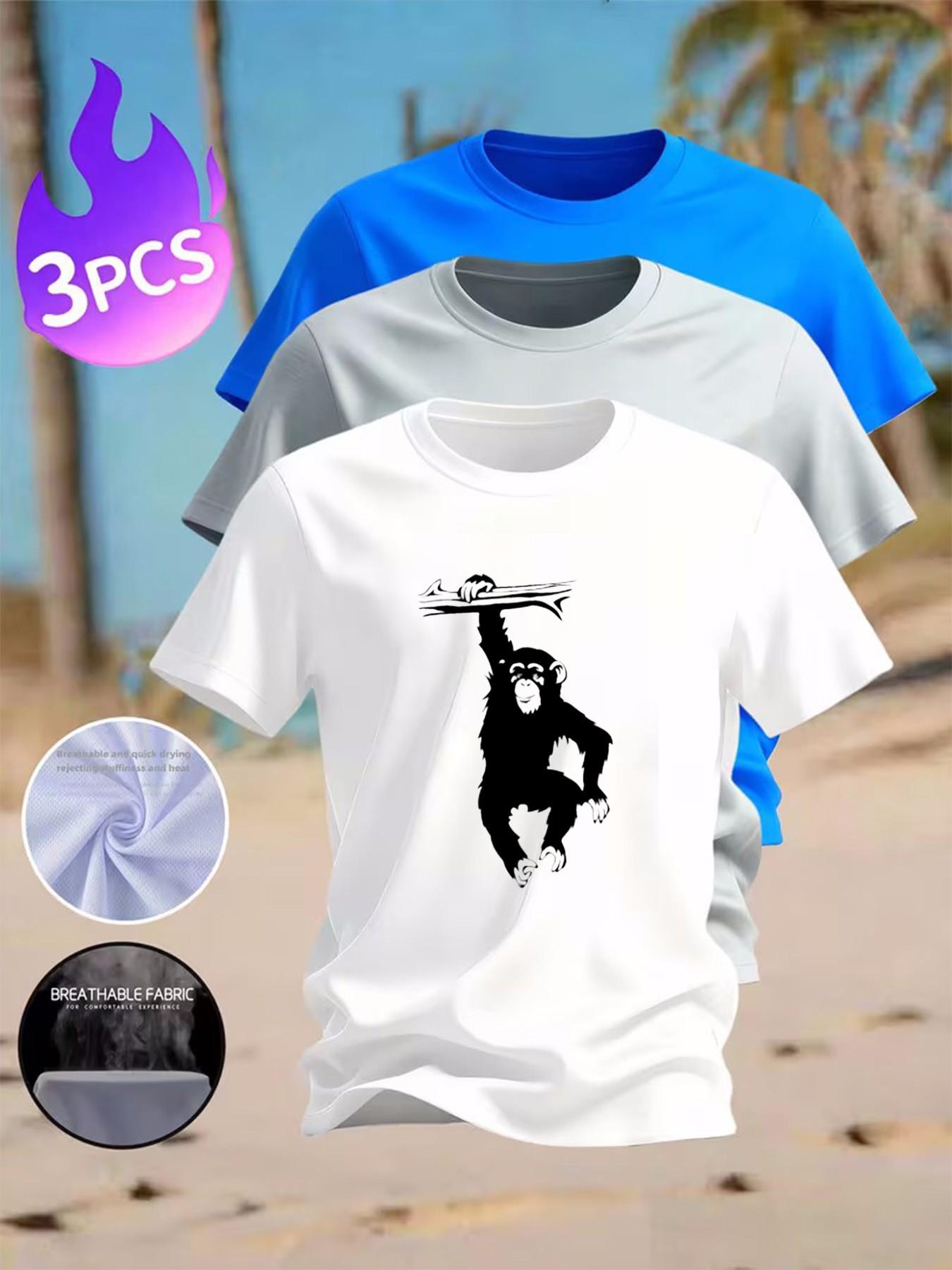 3-Pack Men's Quick Dry Monkey Print T-Shirts, Breathable Casual Short Sleeve Tees for Summer