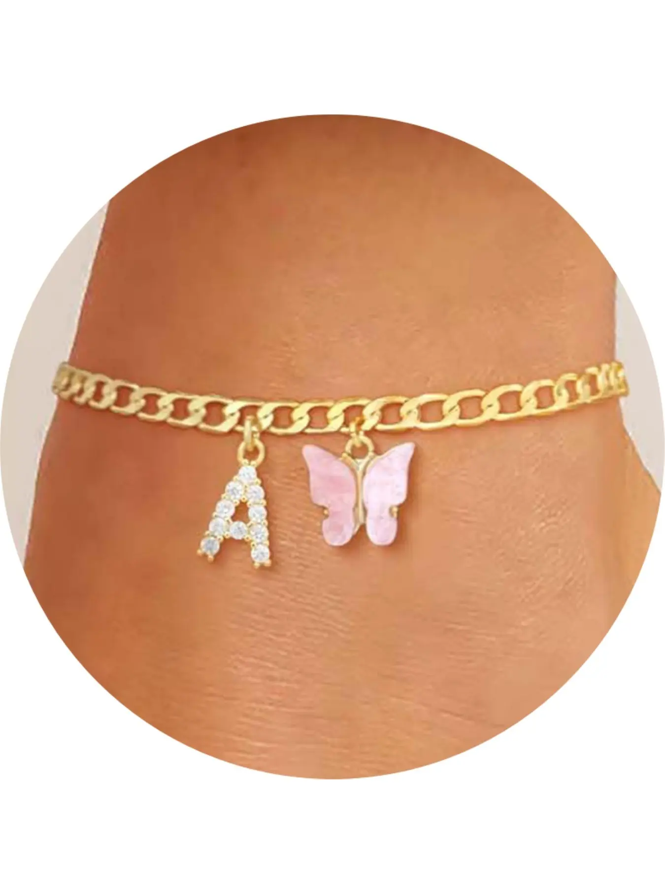 Dainty Butterfly Initial Anklet for Women, A–Z CZ Letter Charm Cuban Chain Anklet with Pink Butterfly, Personalized Summer Beach Jewelry Gift for Her