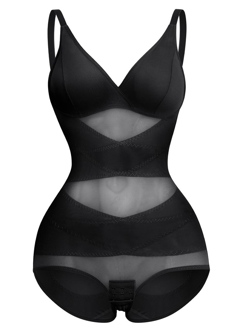 Women's Solid Sheer Contrast Mesh Padded Shapewear Bodysuit, Deep V Neck High Stretch Butt Lift Tummy Control Shapewear Cami Bodysuit, Women's Shapewear