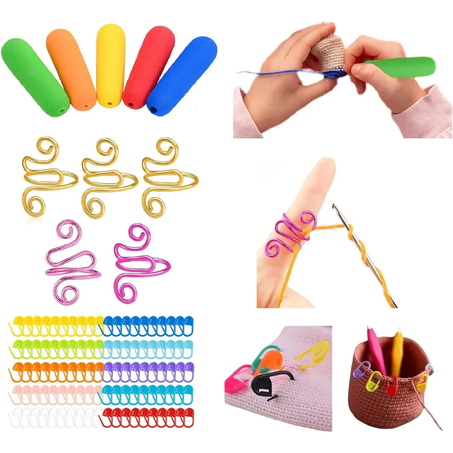 Crochet Kit  Hook Grips  Markers Tension Rings | 5  grips for 2mm-10mm hooks, 5 finger tension rings, 100  markers for  hands and beginners