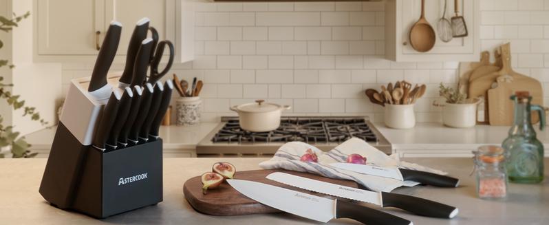 Astercook 14-Piece Knife Set with Ceramic Coated Stainless Steel, Includes Block & Sharpener, Dishwasher Safe, Durable, Premium Quality - Chopping