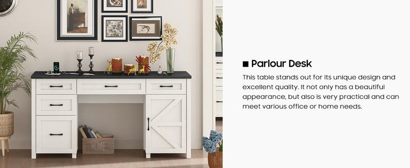 Vabches Farmhouse 61'' Executive Desk with 5 Drawers, Rustic Office Desk Computer Desk with Charging Station, File Drawers and Storage Cabinet, Wood Workstation for Home Office and Study