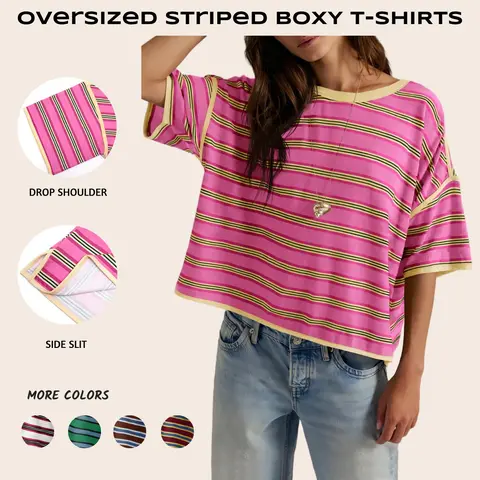 【FREE SHIPPING】Imily Bela Oversized Womens Striped T-Shirts Summer Casual Color Block Short Sleeve Tops Drop Shoulder Boxy Tees
