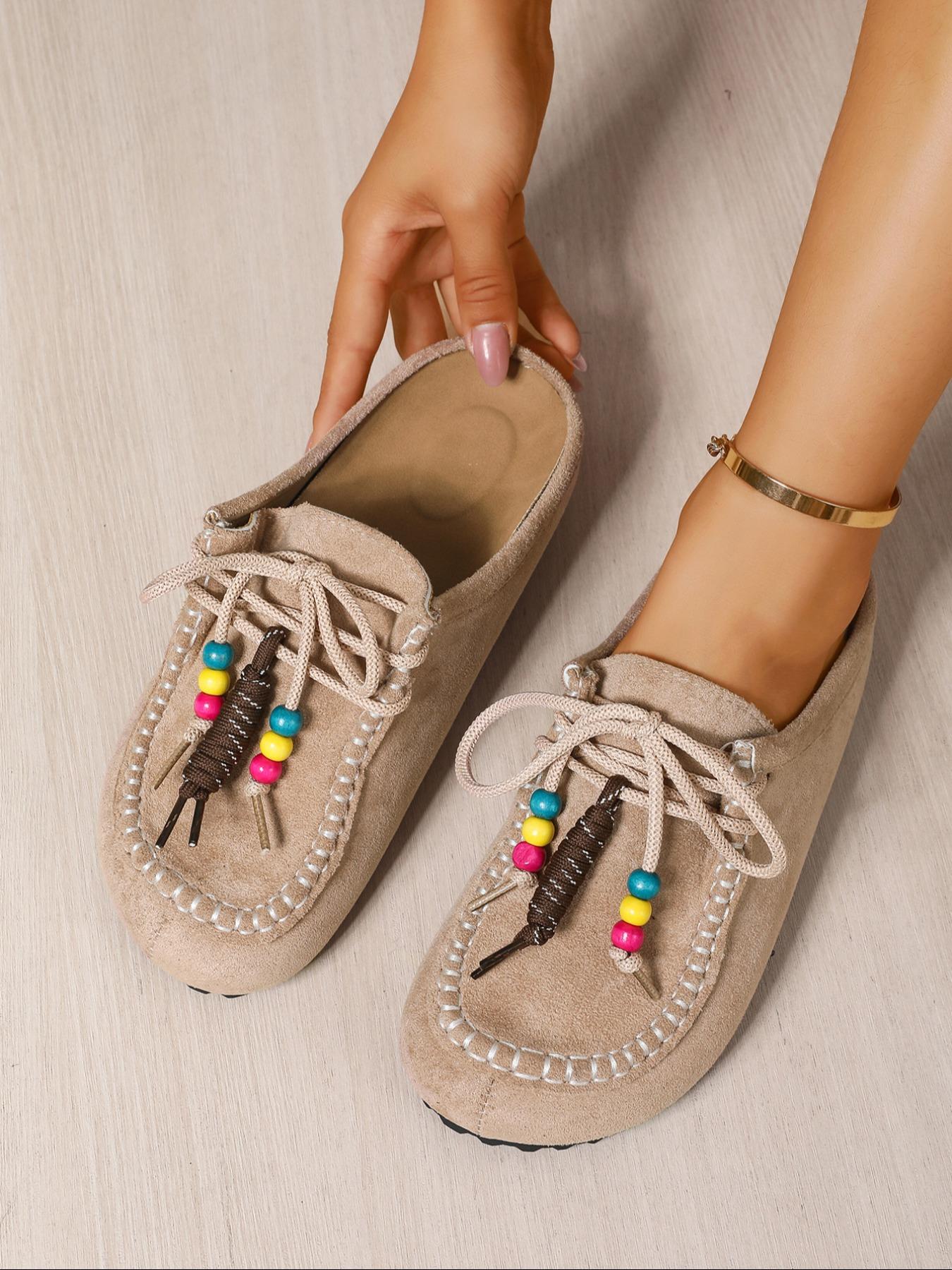 2025 New Women's Round-Toe Cork suede Clog Mules –Boho Beaded Suede Tassel Mules – Women’s Vintage Slip-On Clogs with Arch Support, Soft Cork Sole, and Colorful Beads – Cozy Fall Flats for Walking & Home Foot Clogs