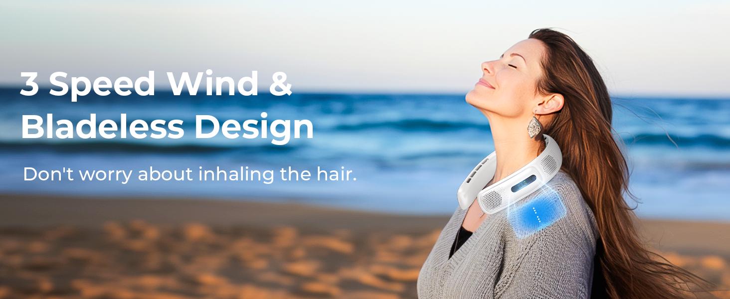 FrSara Neck Fan, 4 Turbo Bladeless Neck Fan, 4000 mAh Battery Operated USB Rechargeable Personal Fan, 360° Cooling Hands Free Fan, 3 Speeds, LED Display, Wearable Fan for Office Travel Gifts