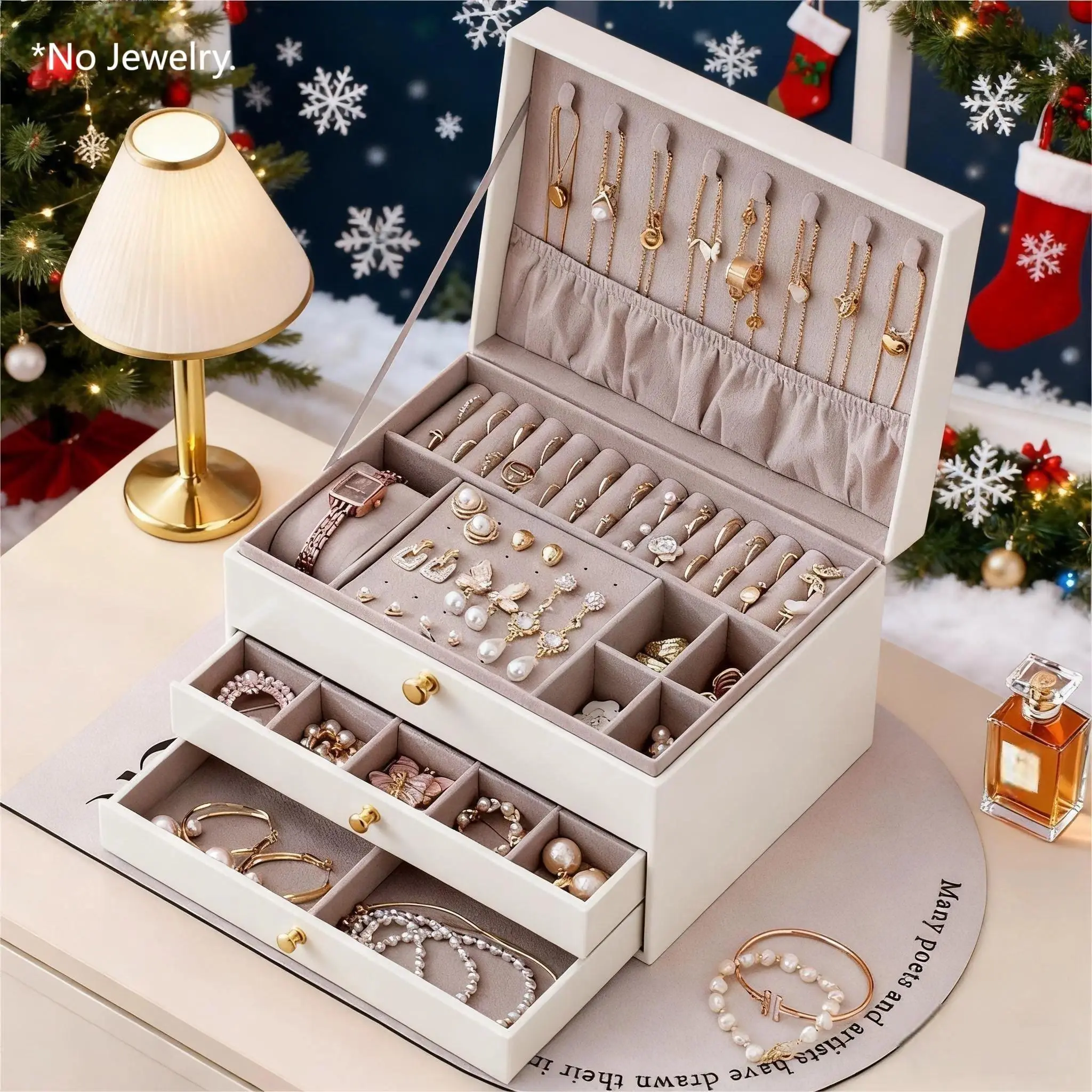 Quilted Leather Jewelry Storage Box - 3-Tier Lockable, Velvet-Lined, Customizable Divider, Large Capacity, Tangle-Free Holder for Necklaces, Rings, Earrings, Bracelets, Watches, Minimalist Wedding Celebration Gift-Ready Ideal Present for Her