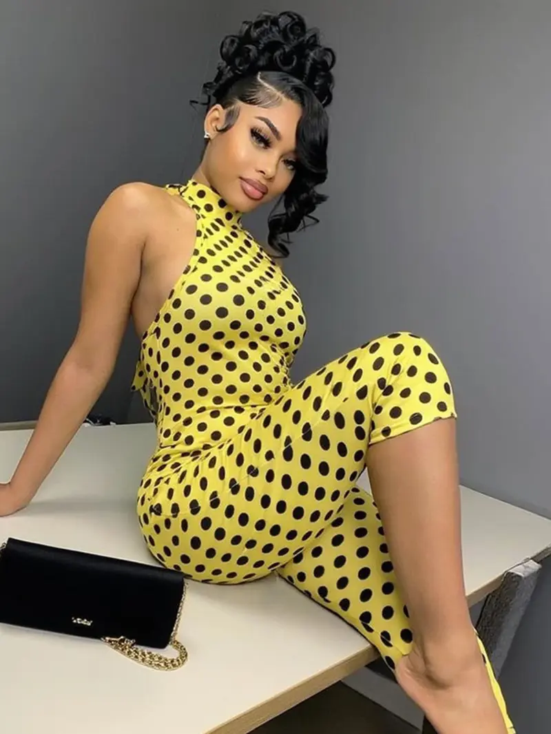 Women's Polka Dot Halter Tie Backless Jumpsuit, Womenswear, Ruched Design Chic Vibe, Perfect for Parties & Gatherings