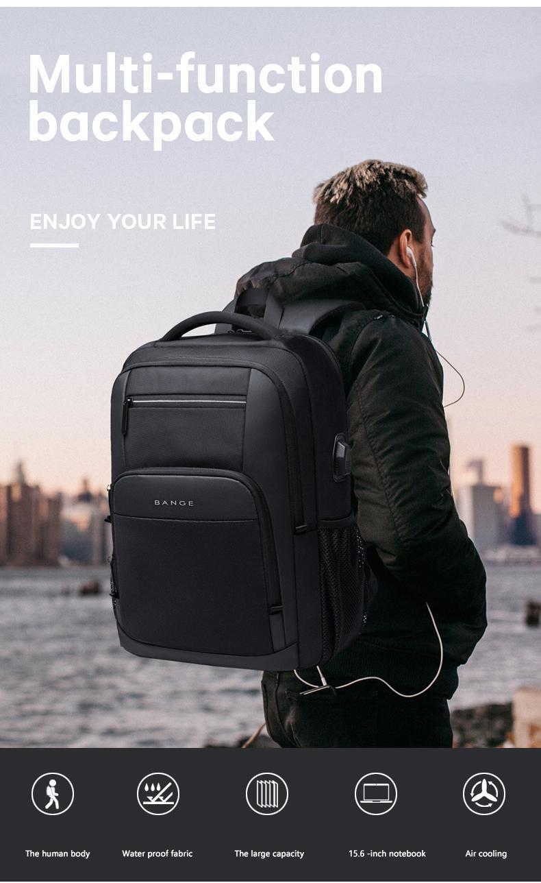 BANGE Lightweight 15.6in Laptop Backpack for Men, Waterproof with USB Charge Port, Multifunctional for Travel & Hiking, Fits Computers & School Use