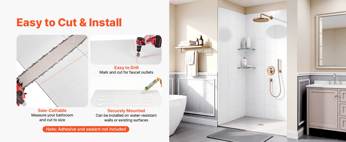 VEVOR Shower Wall Panels, 60 Wx 36 Dx 75 H, 0.14 (3.5 mm) Thick, 3-Panel Waterproof SMC Shower Surround Kit, Quick Install and Trimmable Bathroom Tub Wall Panel Surround Kit with 4 Glass Shelves