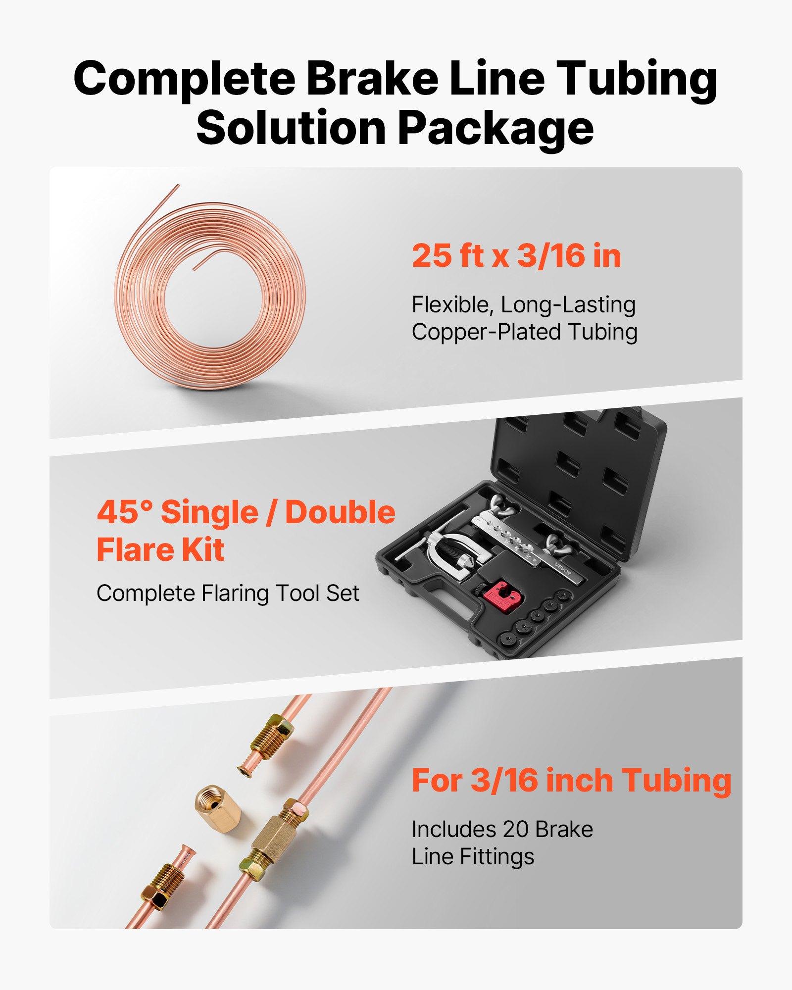 【Father's Day gift】VEVOR 3/16" Brake Line Repair Kit, 45 ° Double & Single Brake Line Flaring Tool Kit, 25FT Copper Coated Brake Line (with 16 Fittings & 4 Unions) - Tube Cutter, 5 Adapters and Toolbox Included 【Father's Day gift】VEVOR 3/16" Brake Line Repair Kit, 45 ° Double & Single Brake Line Flaring Tool Kit, 25FT Copper Coated Brake Line (with 16 Fittings & 4 Unions) - Tube Cutter, 5 Adapters and Toolbox Included