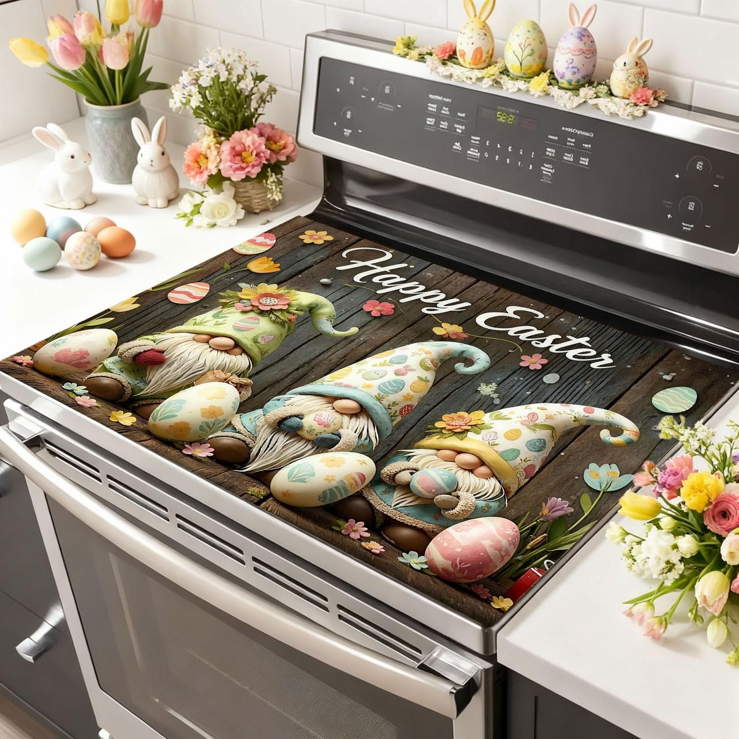 Easter Soft Magnetic Stove Panel Protector Pad, Small Dwarf Flower Wood Grain Design, Scratch Resistant, Easy to Clean, Multi-Purpose Kitchen Cover