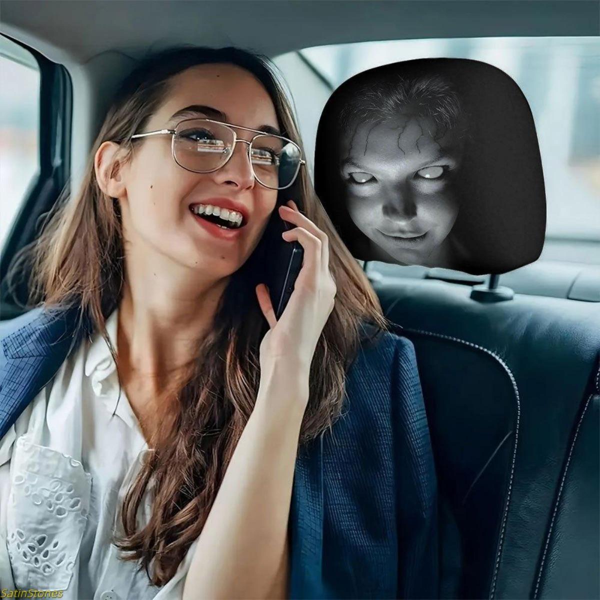 2Pcs Universal Car Headrest Covers - Removable, Resilient Fabric, Washable, Tool-Free Install Auto Seat Accessories for Car, SUV/Truck/Sedan, Portrait Print