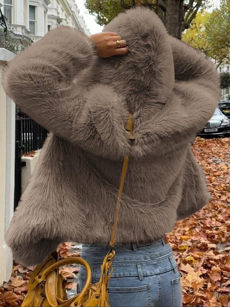 Women's Casual Faux Fur Hooded Jacket, Short Fall & Winter Coat, Medium-Weight with a Luxe Feel, Fitted Design