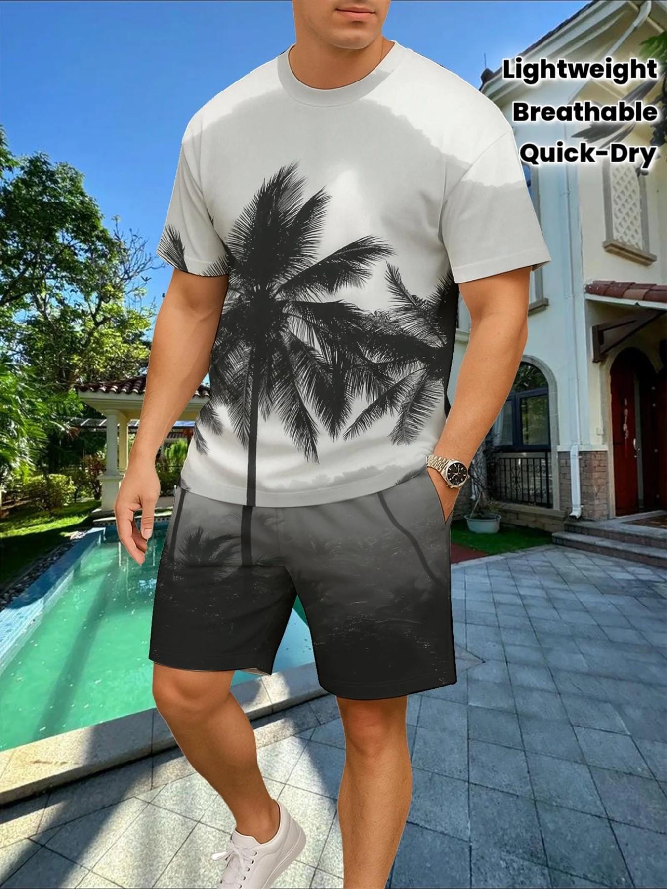 Men's Summer Casual 3D Coconut Tree Set, Lightweight Polyester, Round Neck, Short Sleeve Shorts, Dynamic Color Design