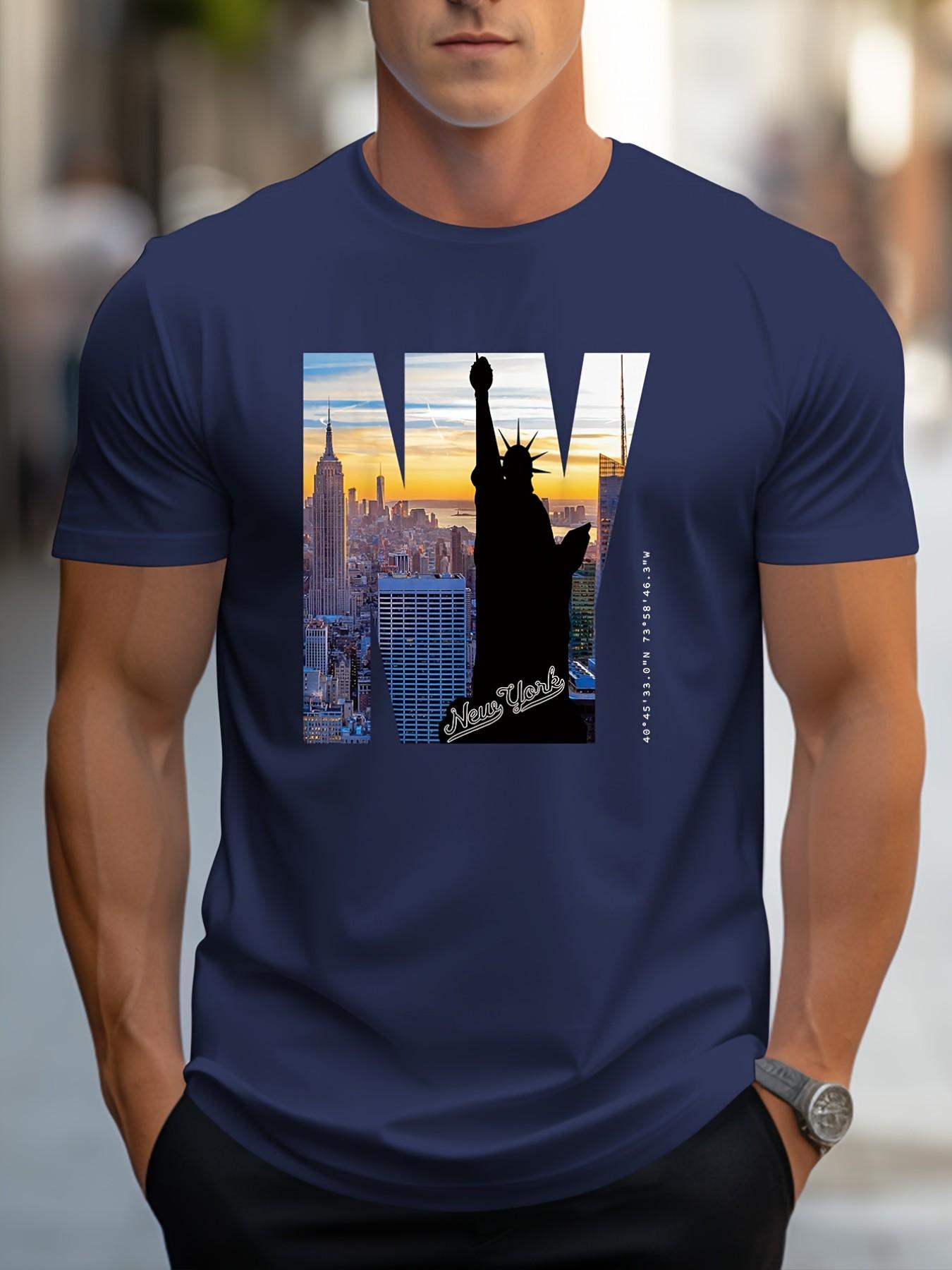 Men's Simple Ny City Landscape Print T-Shirt, Casual Loose-Fitting Short Sleeve Top, Geometric Pattern, All Seasons Wear
