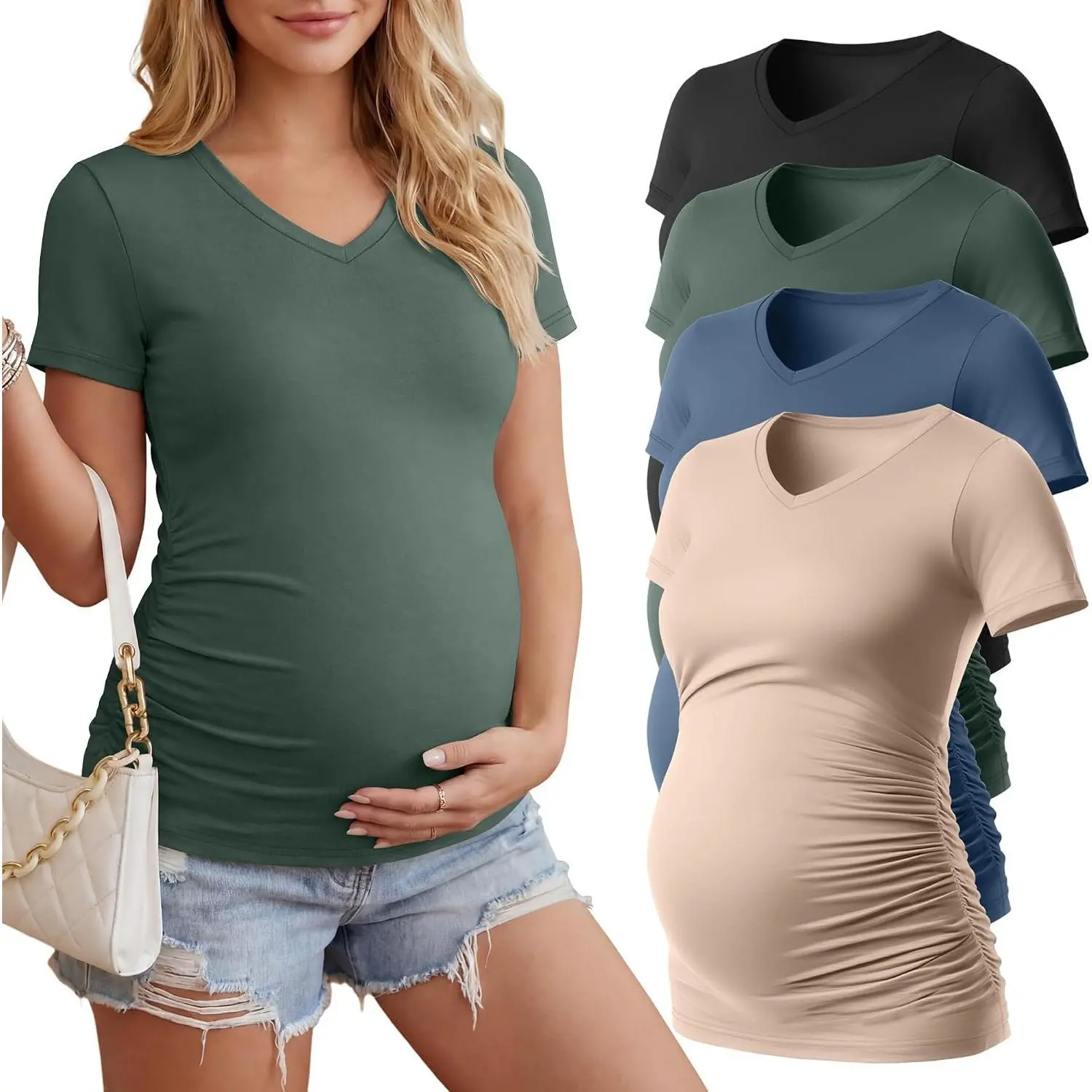 Women's 4-Pack Maternity V-Neck Short Sleeve Tees with Side Ruching, Casual Fit Maternity Wear, Comfortable Pregnancy Clothes