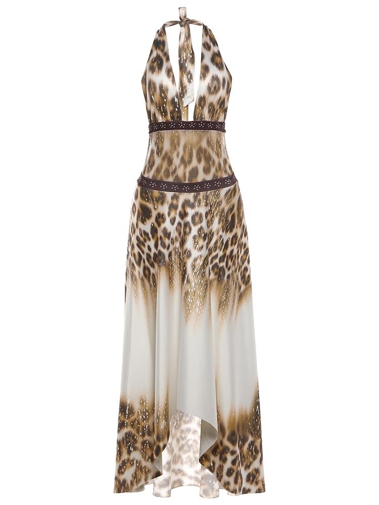Women's Sexy Fashion Slim Leopard Print Halter Neck Dress, Trendy Sleeveles Backless Long Dress for Parties, Stylish Evening Wear, Ladies Street Fashion Clothing for Summer