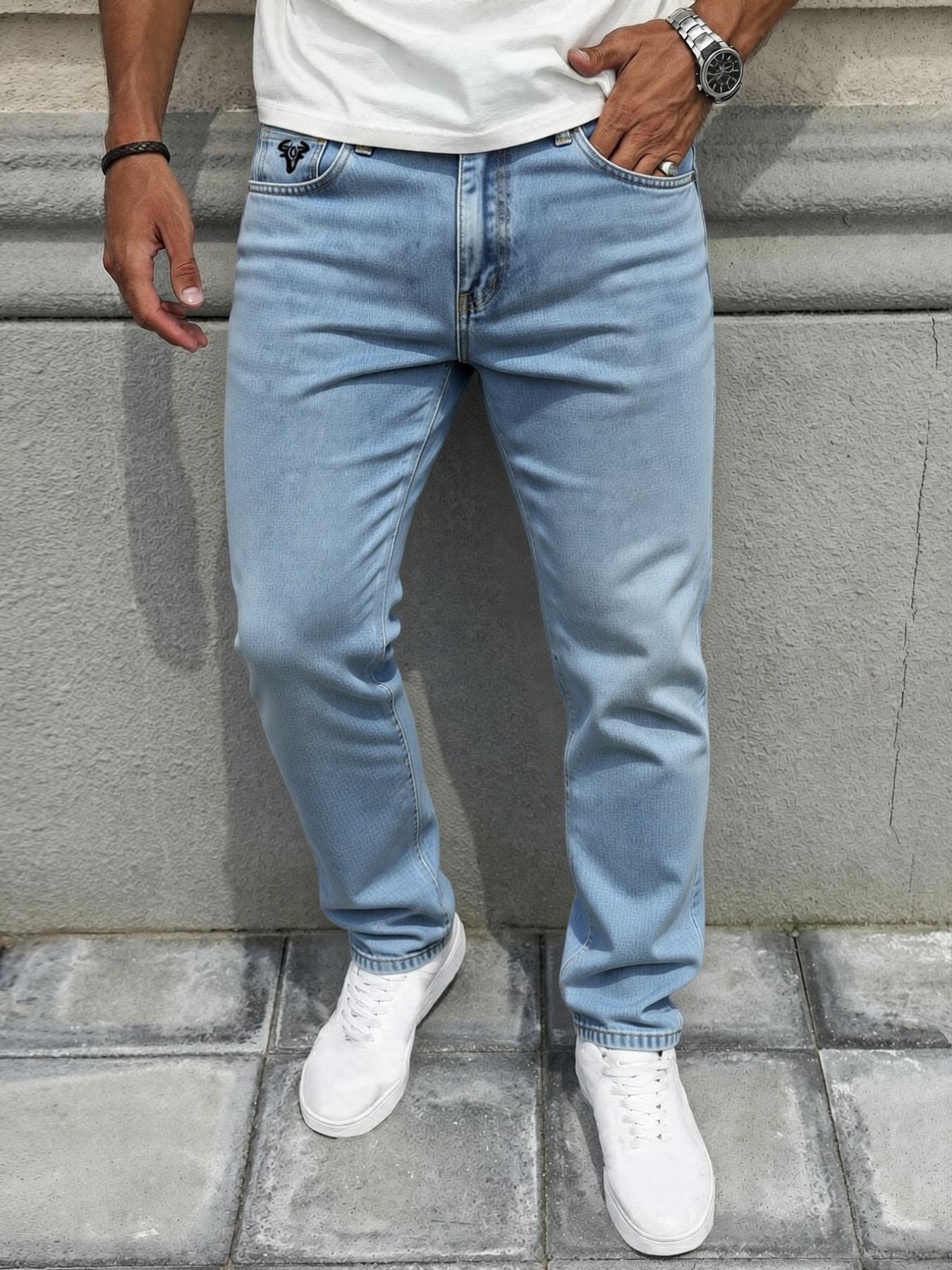 Men's straight-leg jeans, washed and distressed, with embroidered logo details. High-street casual denim pants with a comfortable regular fit. Suitable for daily casual wear, urban street style, and dating fashion looks. A must-have trendy men's pants 🔥