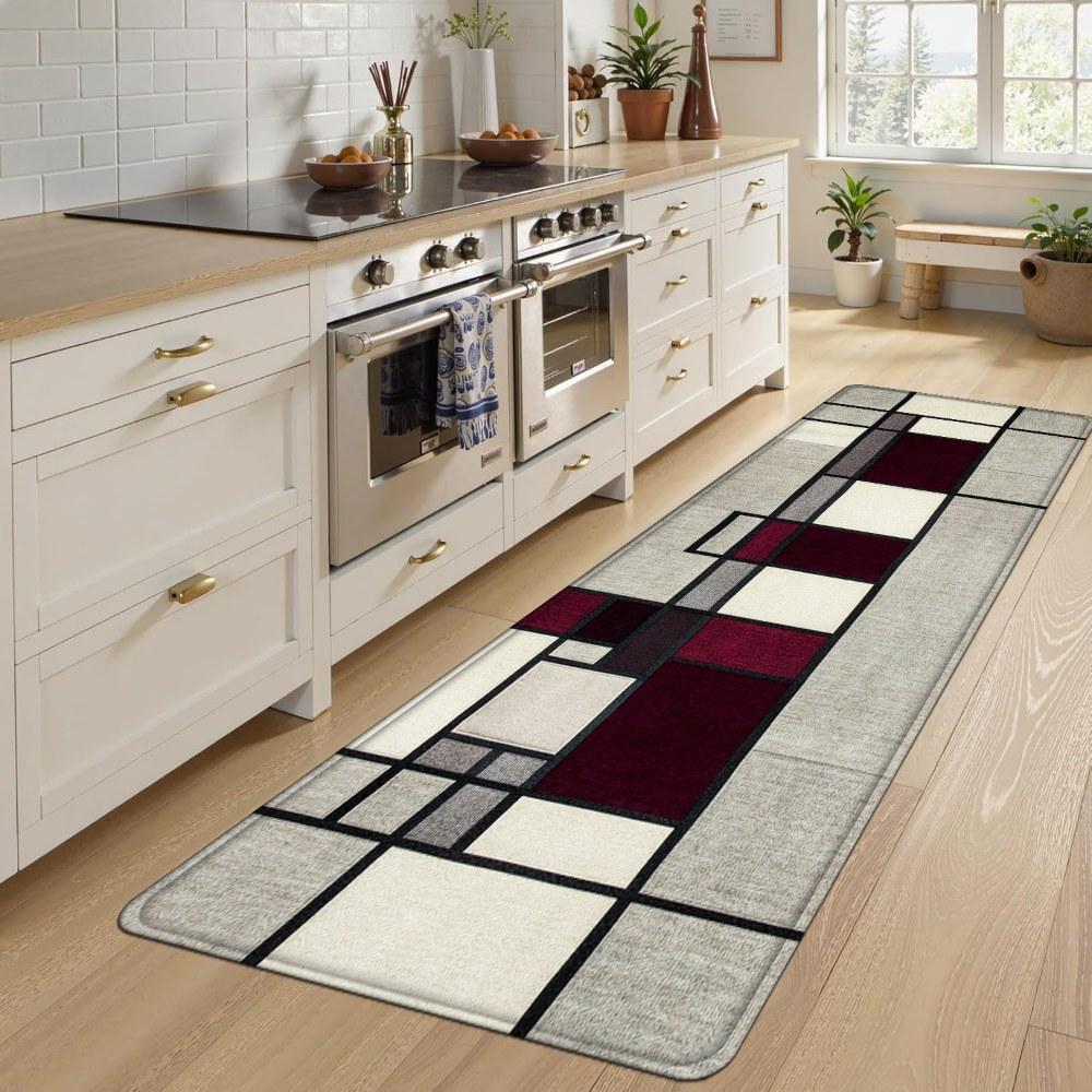 1PC， Black Red Gray Geometric Splicing Patterned strip rugs, home décor, bathroom mats, entryway mats, bathroom non-slip mats, indoor entrance rugs, bedroom bedside mats, kitchen mats, hallway rugs, flannel sponge rugs, hallway runner rugs
