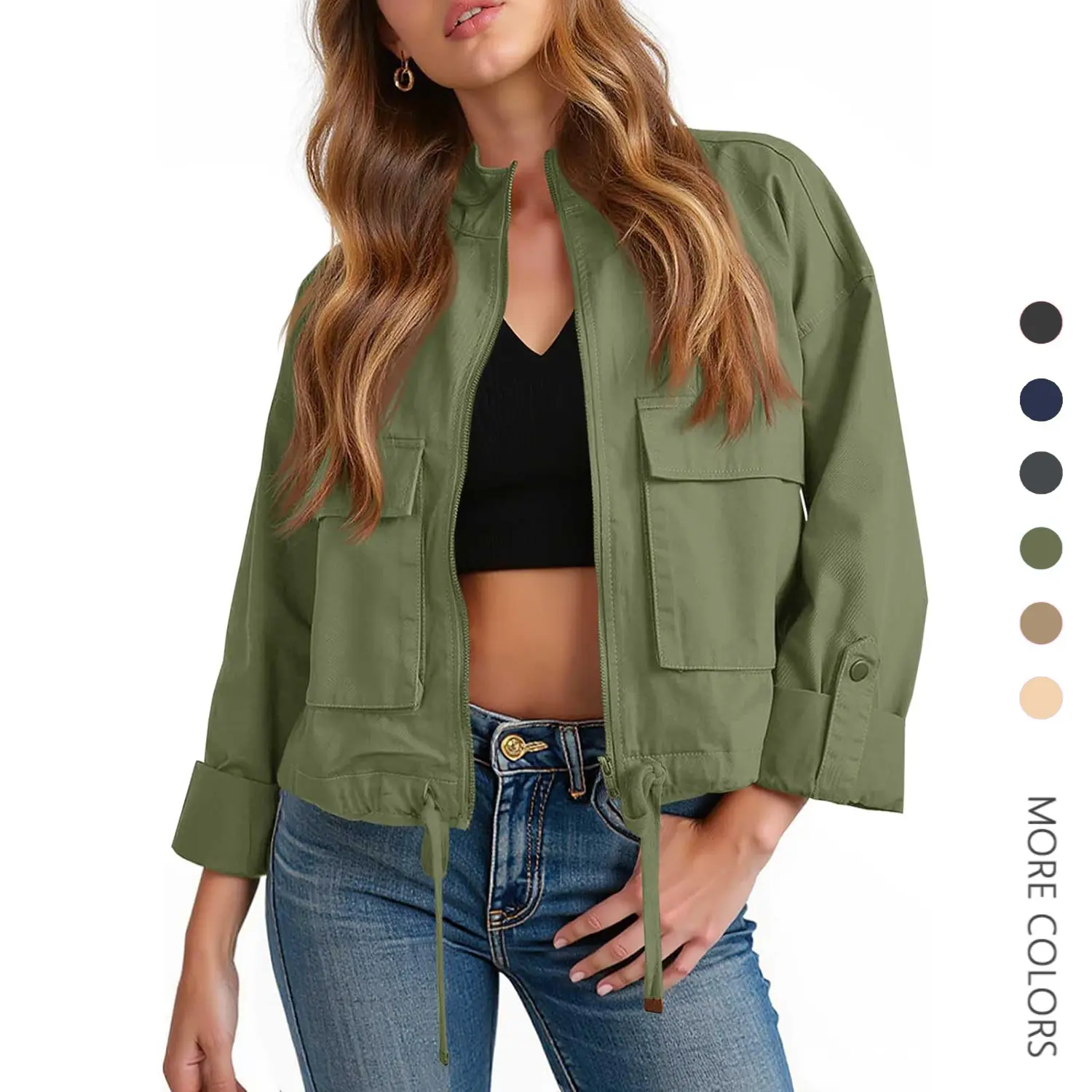 Women's 100% Cotton Fitted Crop Long-Sleeve Minimalist Utility Jacket - Basic Casual Lightweight Zip-Up Military Safari Outerwear with Pockets, XX-Large