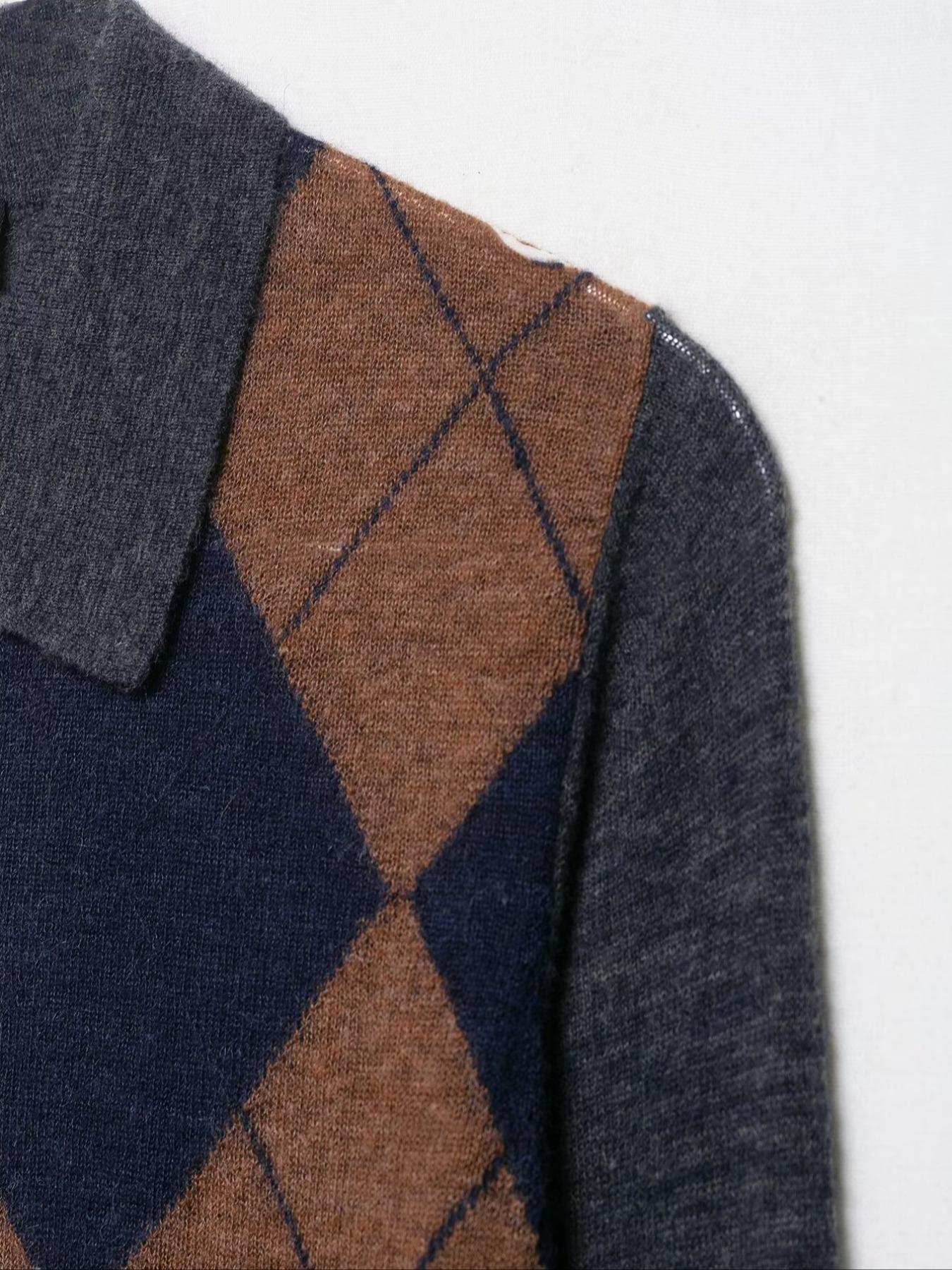 Women's Diamond Plaid Button Front Long Sleeve Knit Sweater, Slim Fit Pullover, Stylish Fall & Winter Fashion, Comfortable and Warm, Knitwear, Knitted