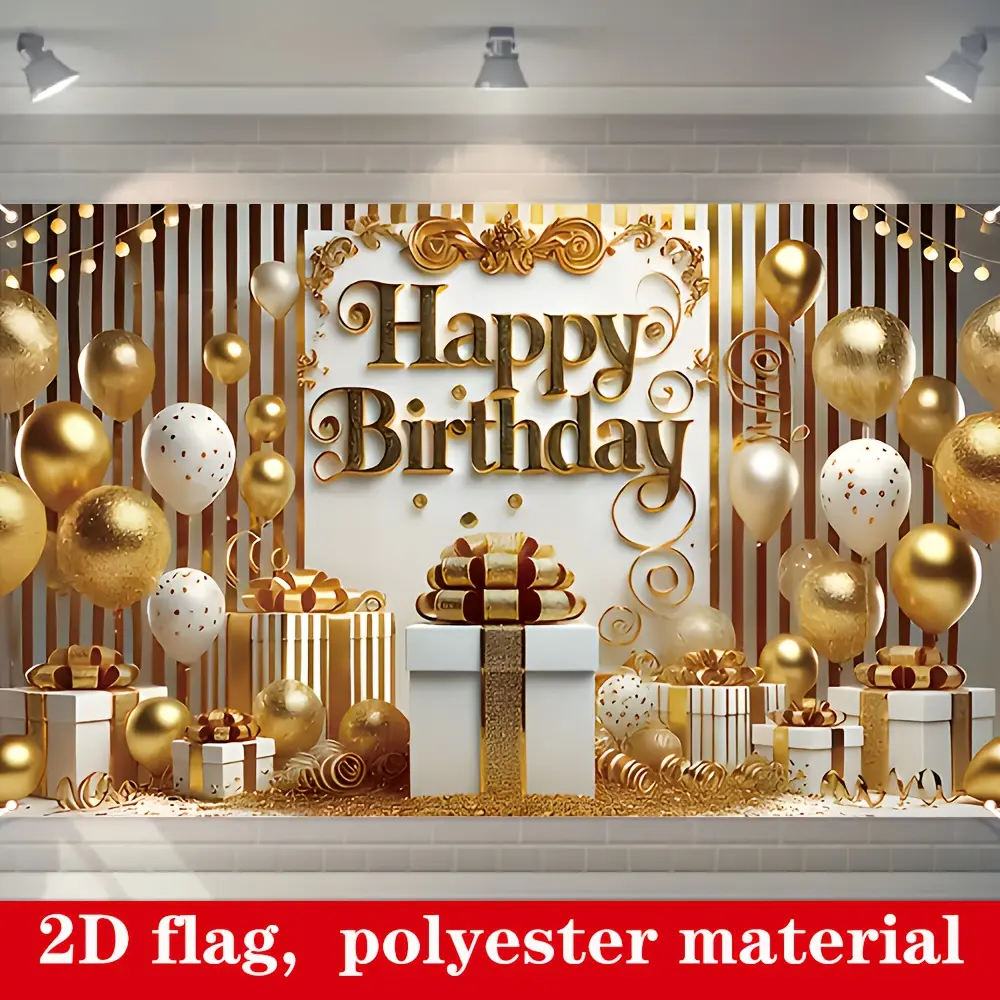 1PC 2D Polyester Gold Birthday Party Backdrop - HD Print with Balloon, Gift Box, Confetti, Foldable, Lightweight, Washable, Reusable, for Indoor Birthday Party Photoshoot, Shop Celebration Decor