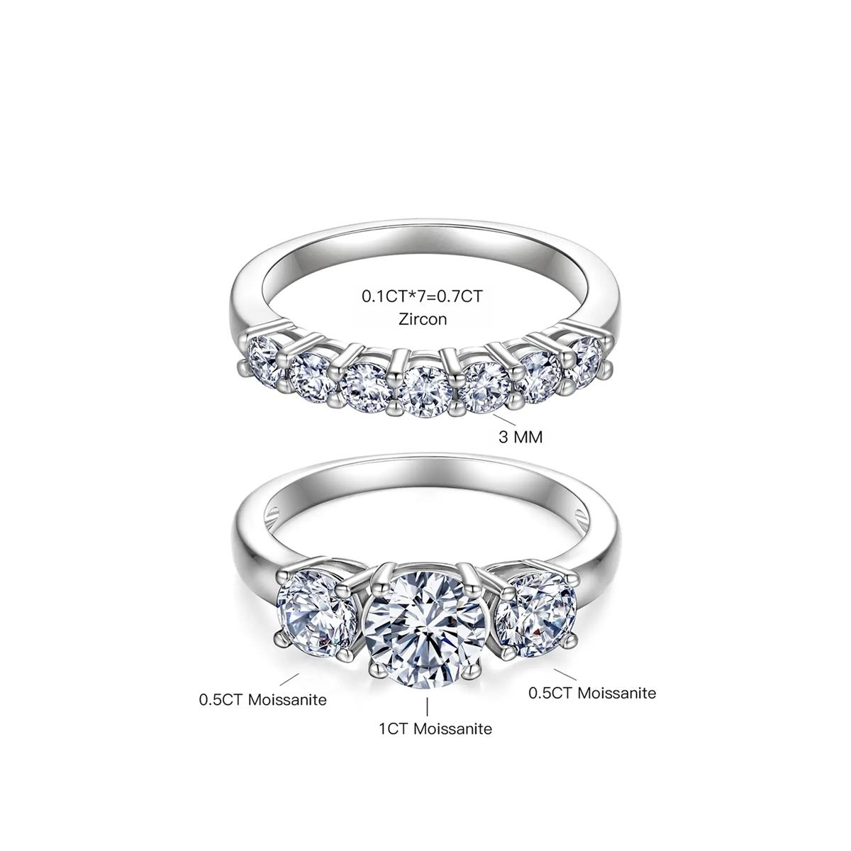 CENLEAR Female Stunning Ring Set - Women's 18K Gold-Plated Lab-Grown 2-Carat 3-Stone Stackable Fine Moissanite Wedding Rings Set for Engagement, Valentine's Day Gift